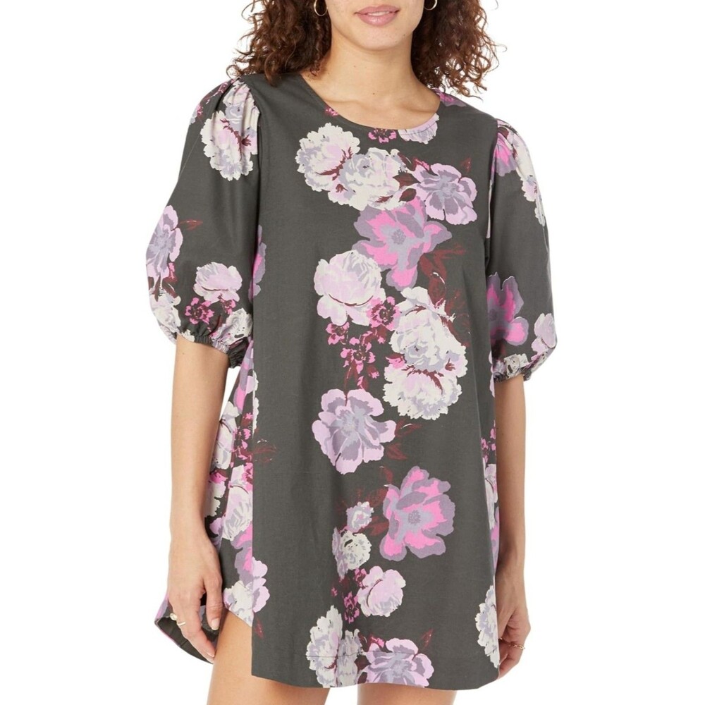 Free People Maye Poplin Tunic Sz M  Midnight Combo Floral Boho Puff Sleeve